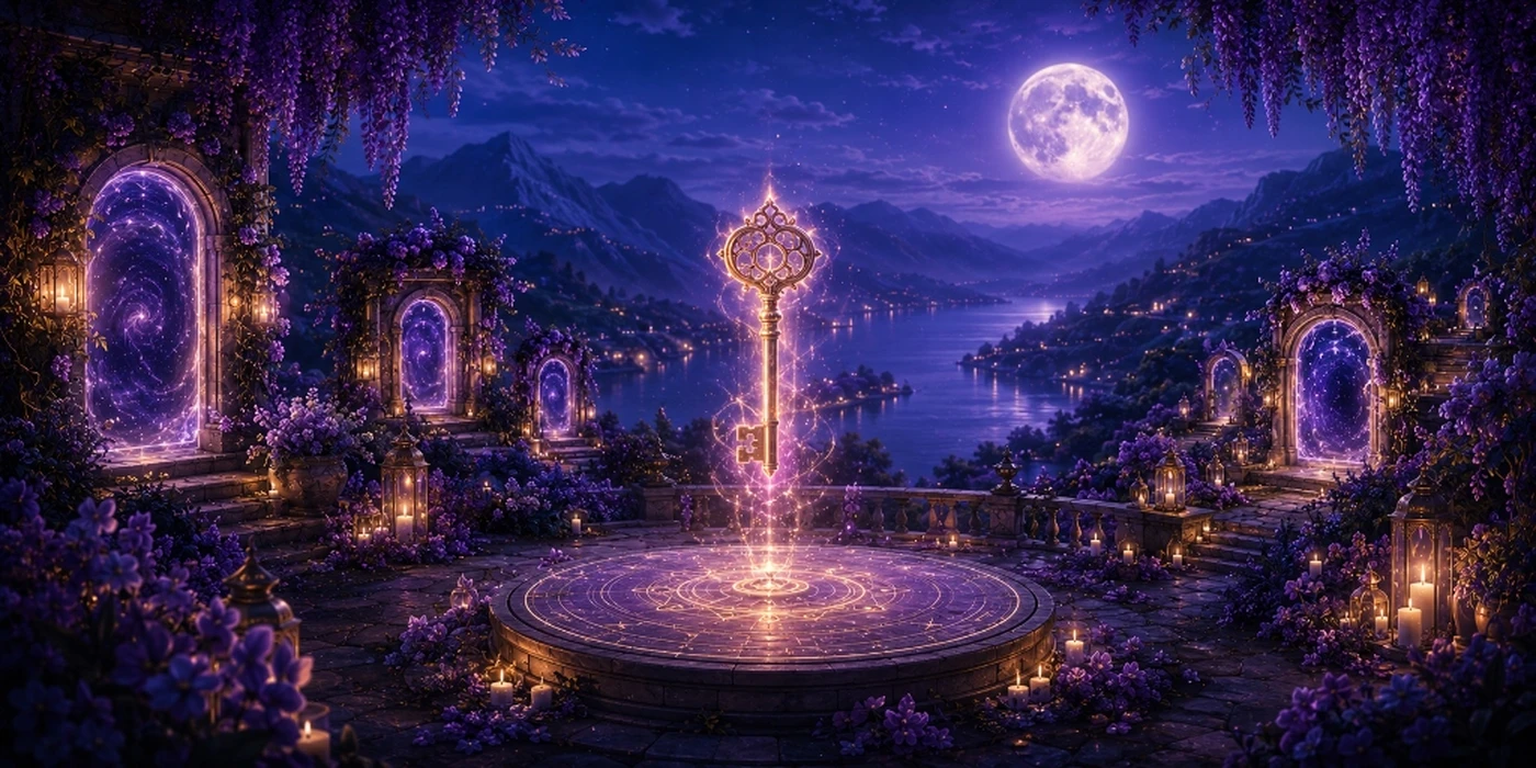 Une clé dorée s’élève au-dessus d’un cercle rituel face à plusieurs portes lumineuses sous une pleine lune violette.