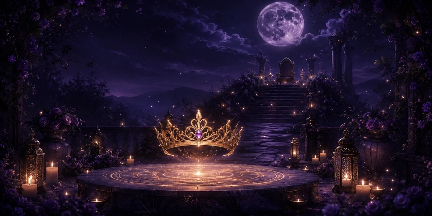 Une couronne lumineuse flotte au-dessus d’un cercle rituel dans un jardin violet éclairé par la pleine lune.