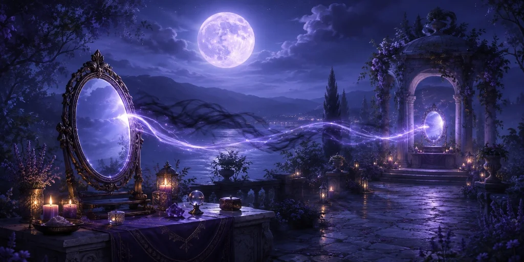 Deux miroirs rituels reliés sous la pleine lune dans un jardin nocturne violet.