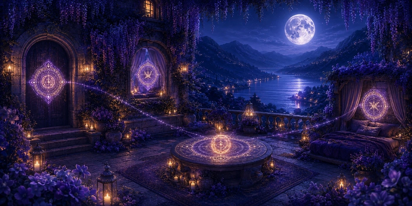 Quatre sceaux de garde lumineux dans une demeure nocturne sous la pleine lune.