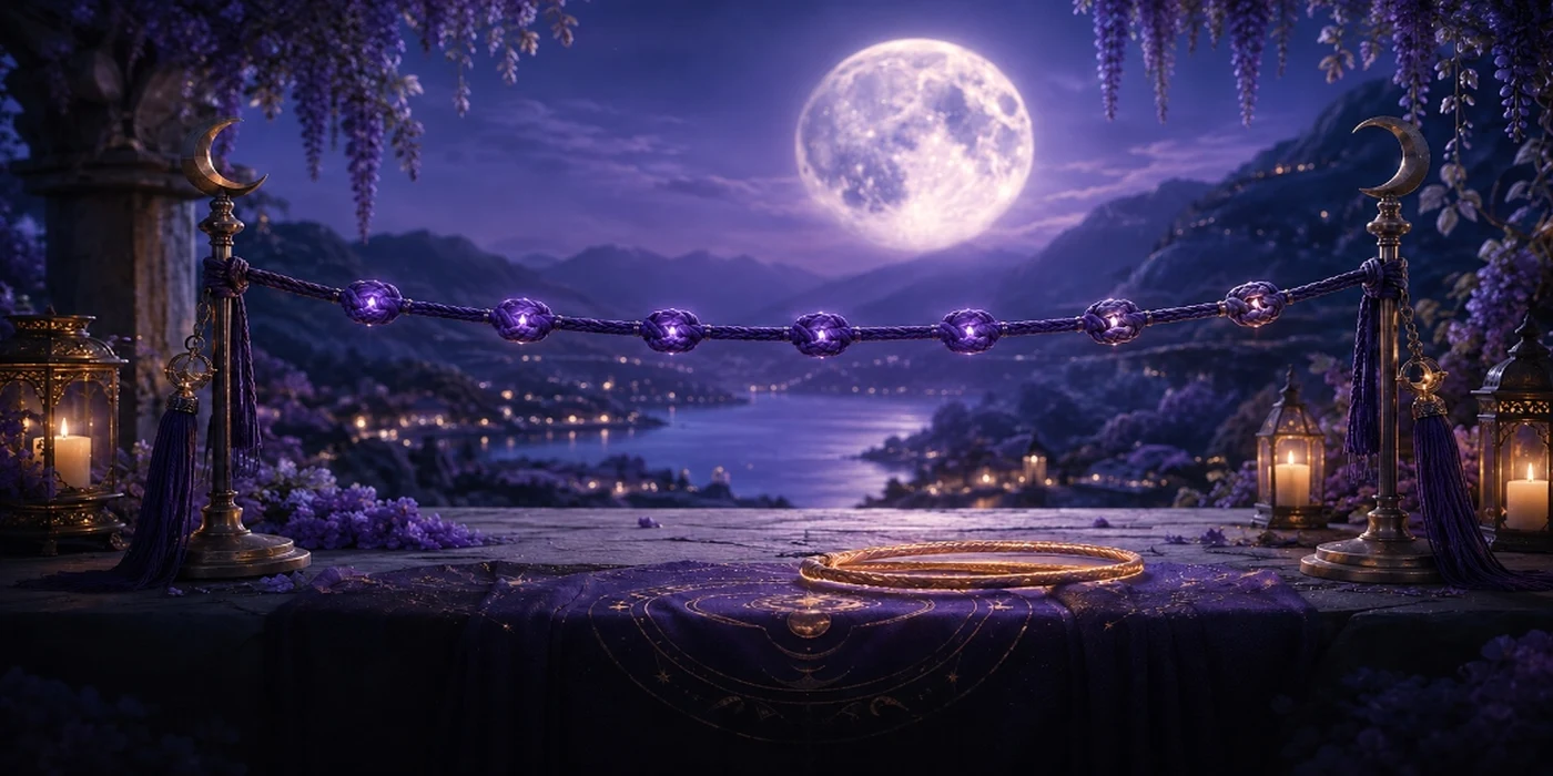 Sept nœuds violets suspendus entre deux supports lunaires sous la pleine lune.